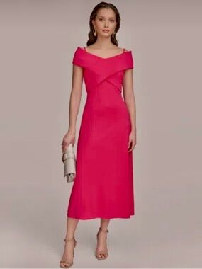 Donna Karan Pink/Coral Off-Shoulder Midi Dress